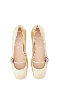 Valentino women’s gold satin mary jane flats with pink and silver floral embellishment on kidskin blue strap