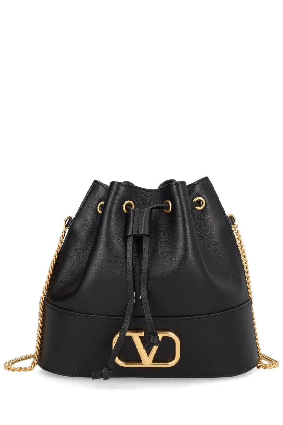 Valentino womens mini bucket bag in black leather with gold tone chain strap and signature logo clasp