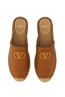 Valentino women’s beige mule vlogo signature tan leather espadrille mules with gold-tone logo and braided jute trim