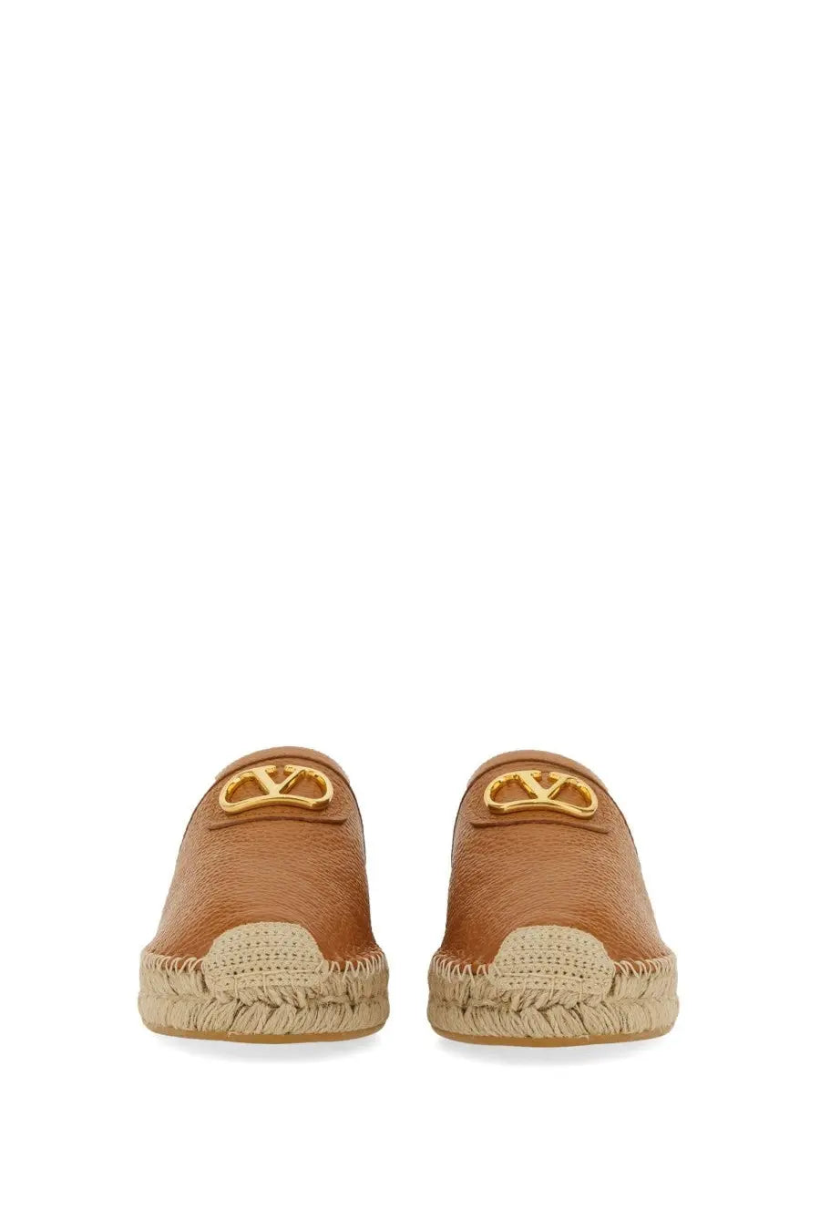 Tan leather espadrille mules with gold-tone Valentino logo medallions and woven jute soles for women beige