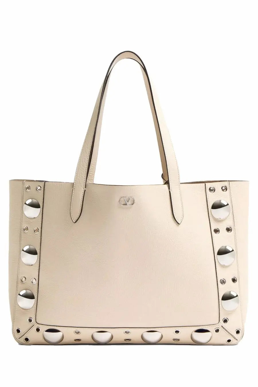 Valentino women’s Nellcôte shopping bag in white cream leather with silver-toned circular studs on sides and bottom