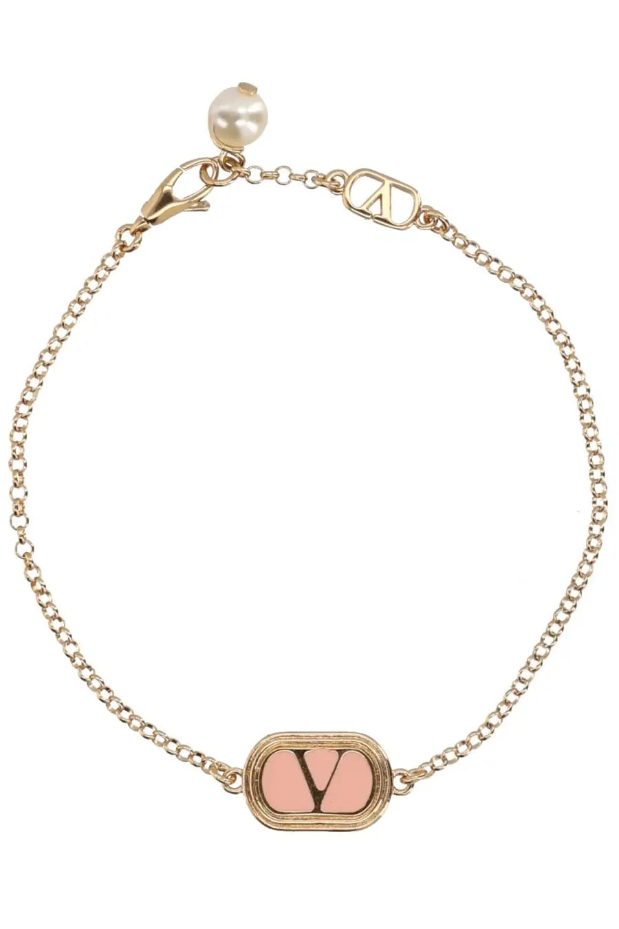 Valentino women’s gold-tone chain bracelet with pink enamel oval charm featuring v logo and pearl clasp accent