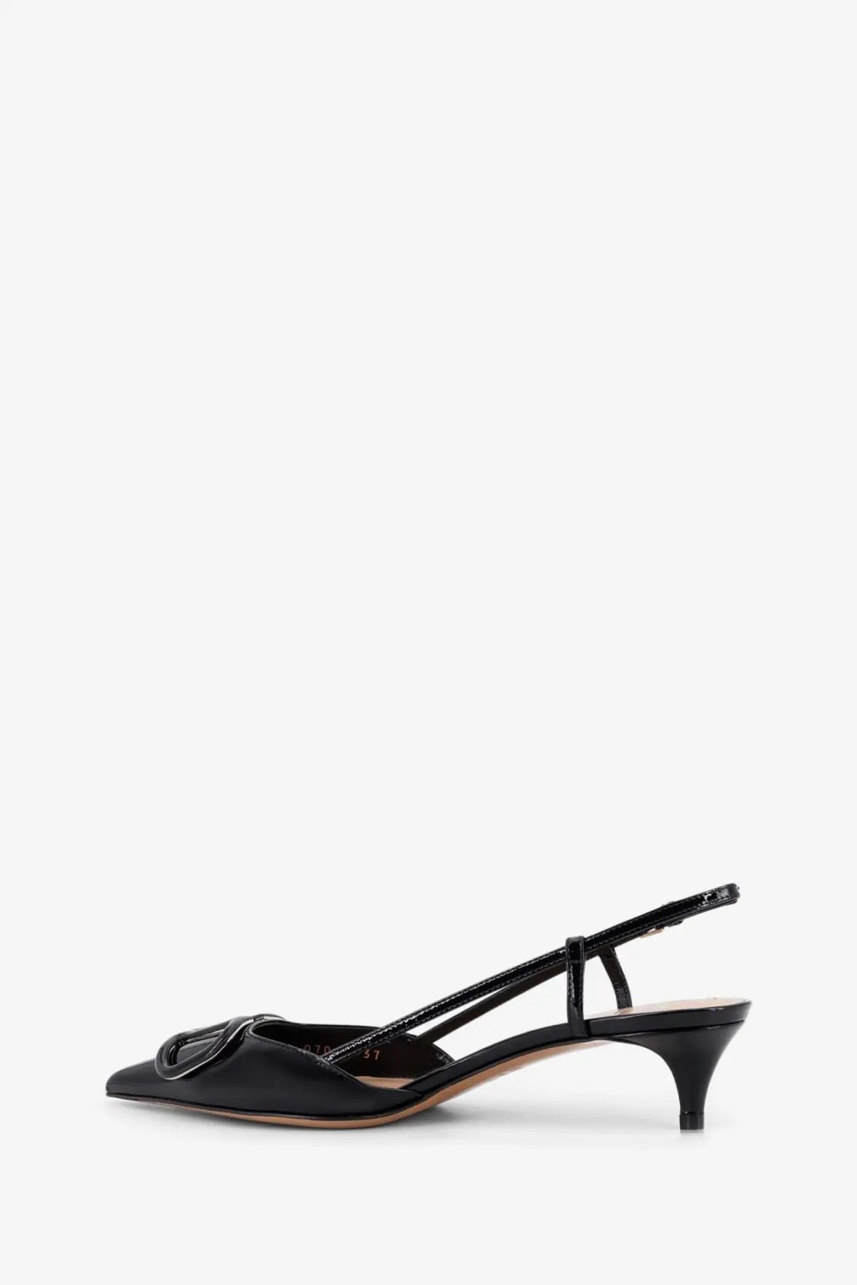 Valentino women’s black patent leather slingback pump with pointed toe and thin heel
