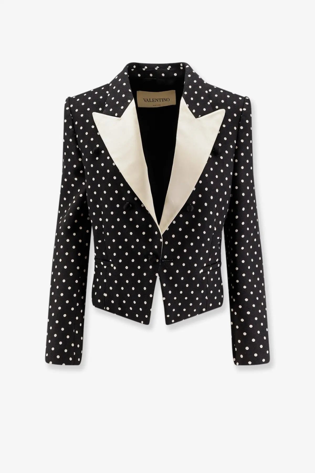 Black Valentino women’s viscose blazer with white polka dots and cream satin contrasting lapel front view
