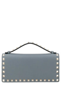 Valentino women’s portafoglio rockstud con catena grey gray leather handbag with silver-toned studs and matching handle