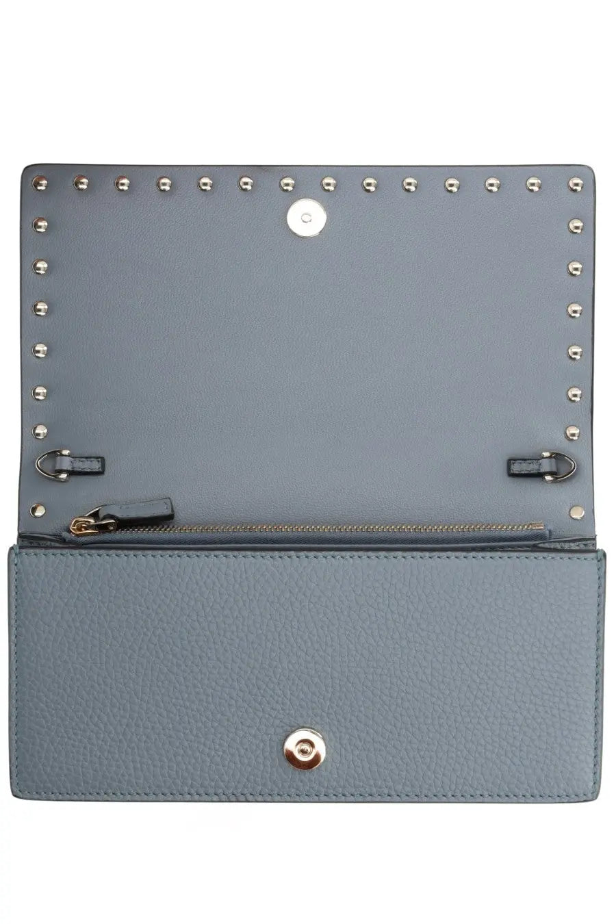 Valentino women’s portafoglio rockstud con catena grey gray textured leather clutch with silver studs and circular clasp