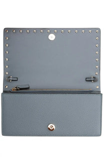 Valentino women’s portafoglio rockstud con catena grey gray textured leather clutch with silver studs and circular clasp