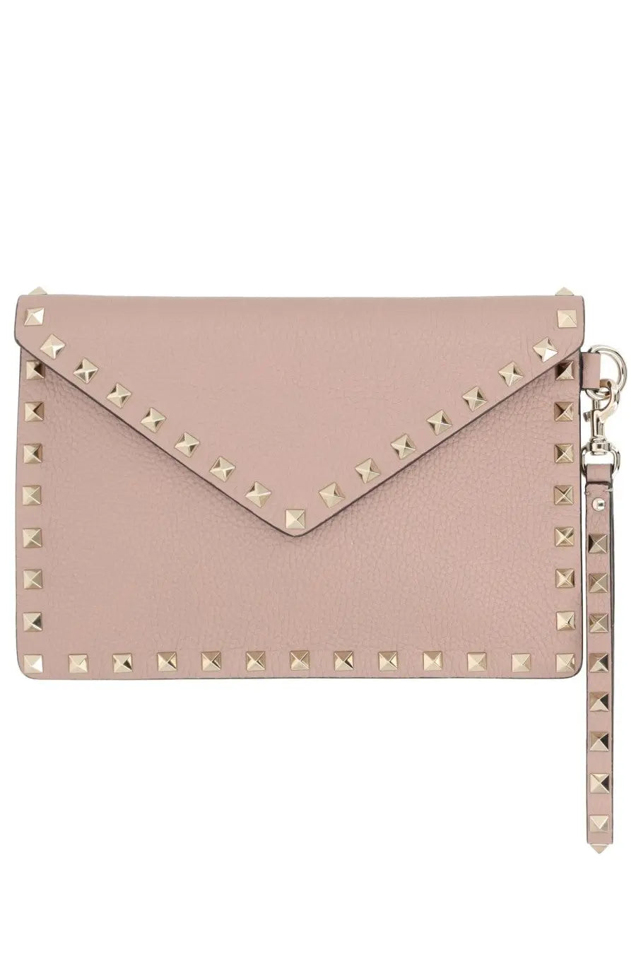 A blush pink leather envelope clutch adorned with gold-tone pyramid studs along its edges and a matching wrist strap.