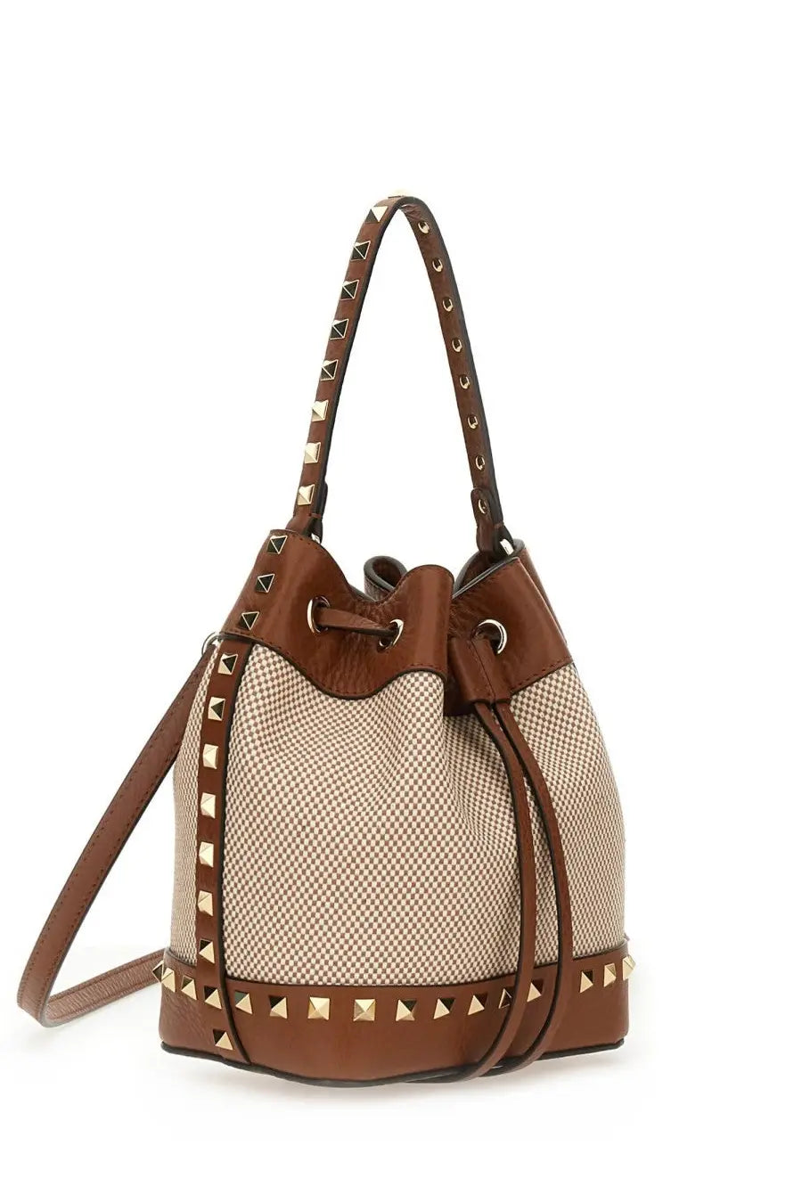 Valentino women’s rockstud bucket bag beige and brown mesh body leather trim with gold-tone pyramid studs