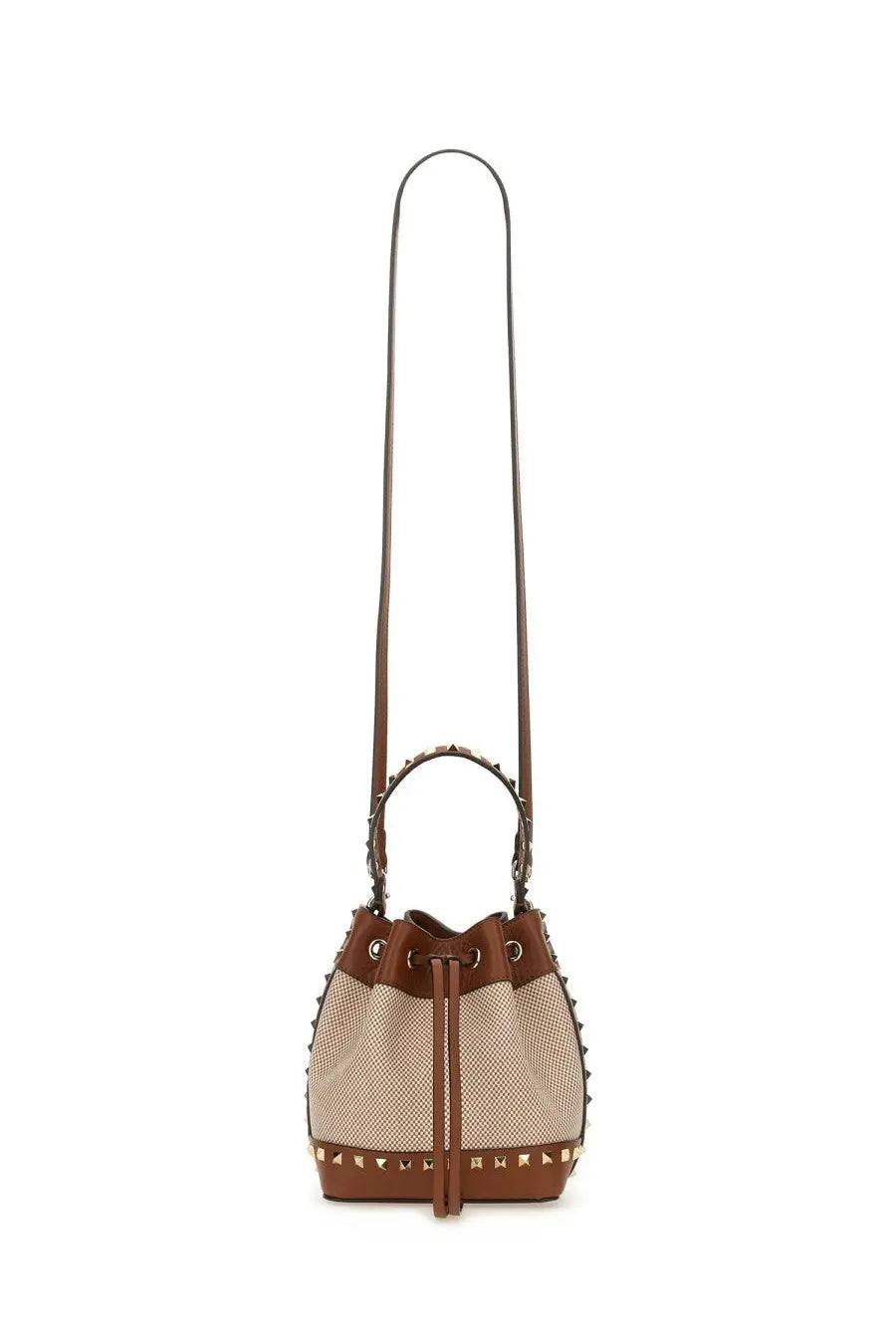Valentino women’s rockstud beige and brown studded bucket bag with mesh texture multicolor design