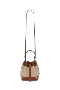 Valentino women’s rockstud beige and brown studded bucket bag with mesh texture multicolor design