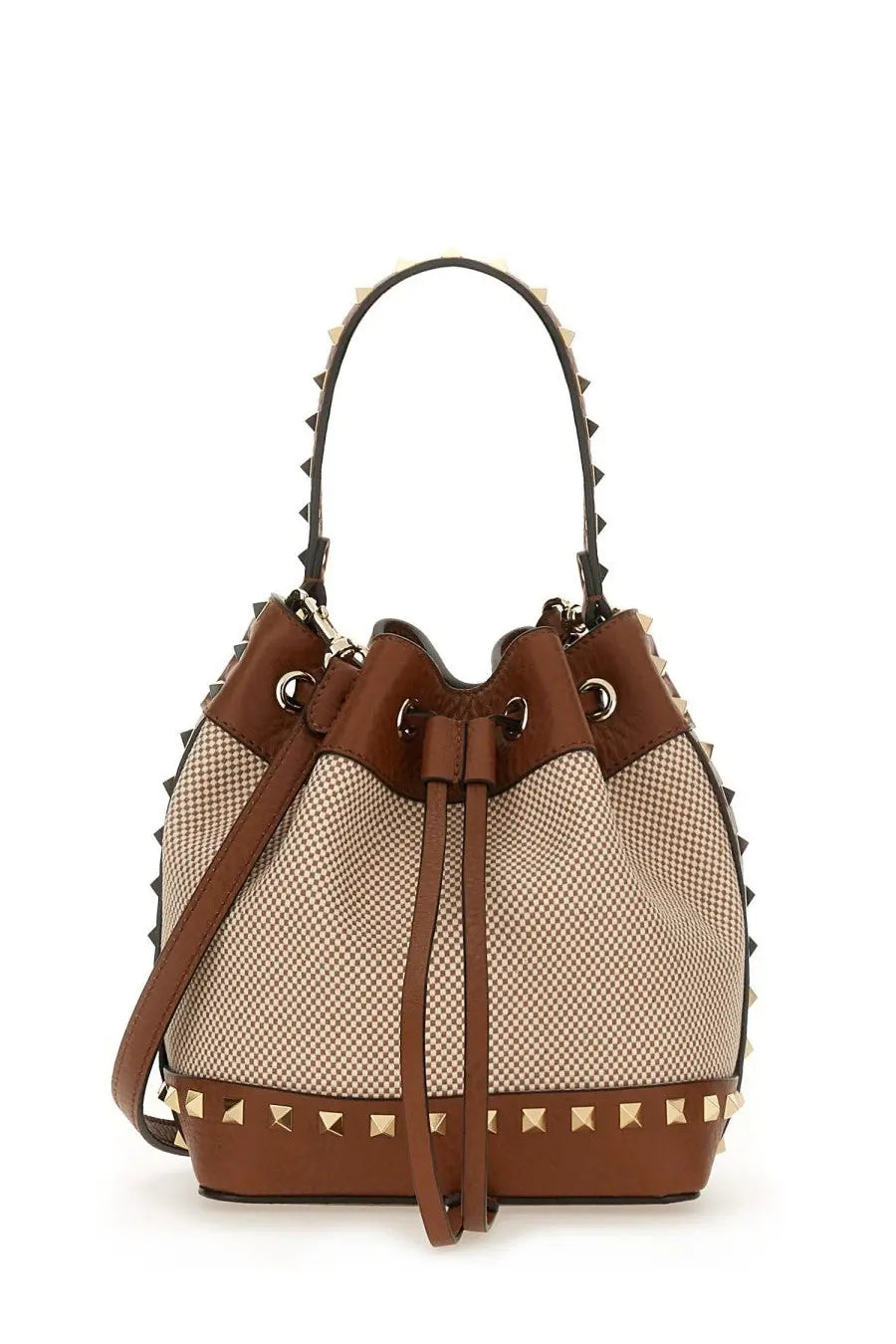 Valentino women’s rockstud brown and beige checkered bucket bag with gold-tone studs along edges handles and base