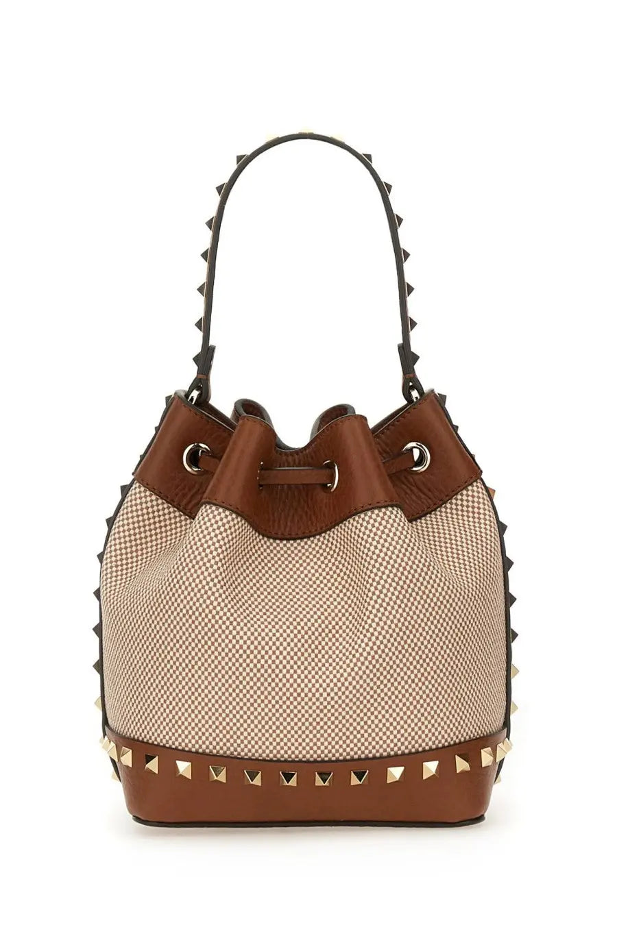 Valentino women’s rockstud brown leather and beige woven canvas bucket bag with gold-tone triangular studs