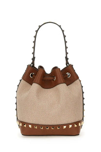 Valentino women’s rockstud brown leather and beige woven canvas bucket bag with gold-tone triangular studs