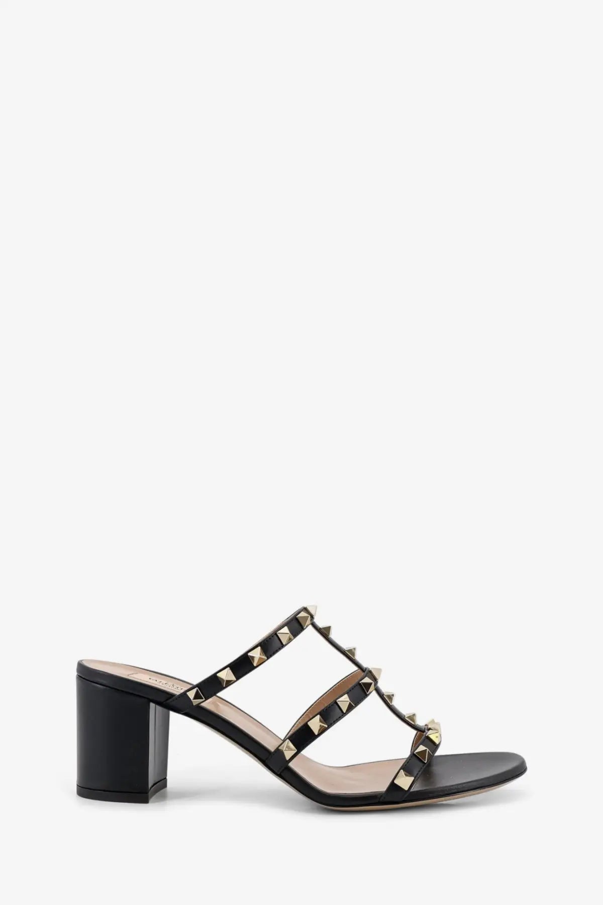 Valentino women’s black leather mule sandals with gold-tone pyramid studs and chunky block heel