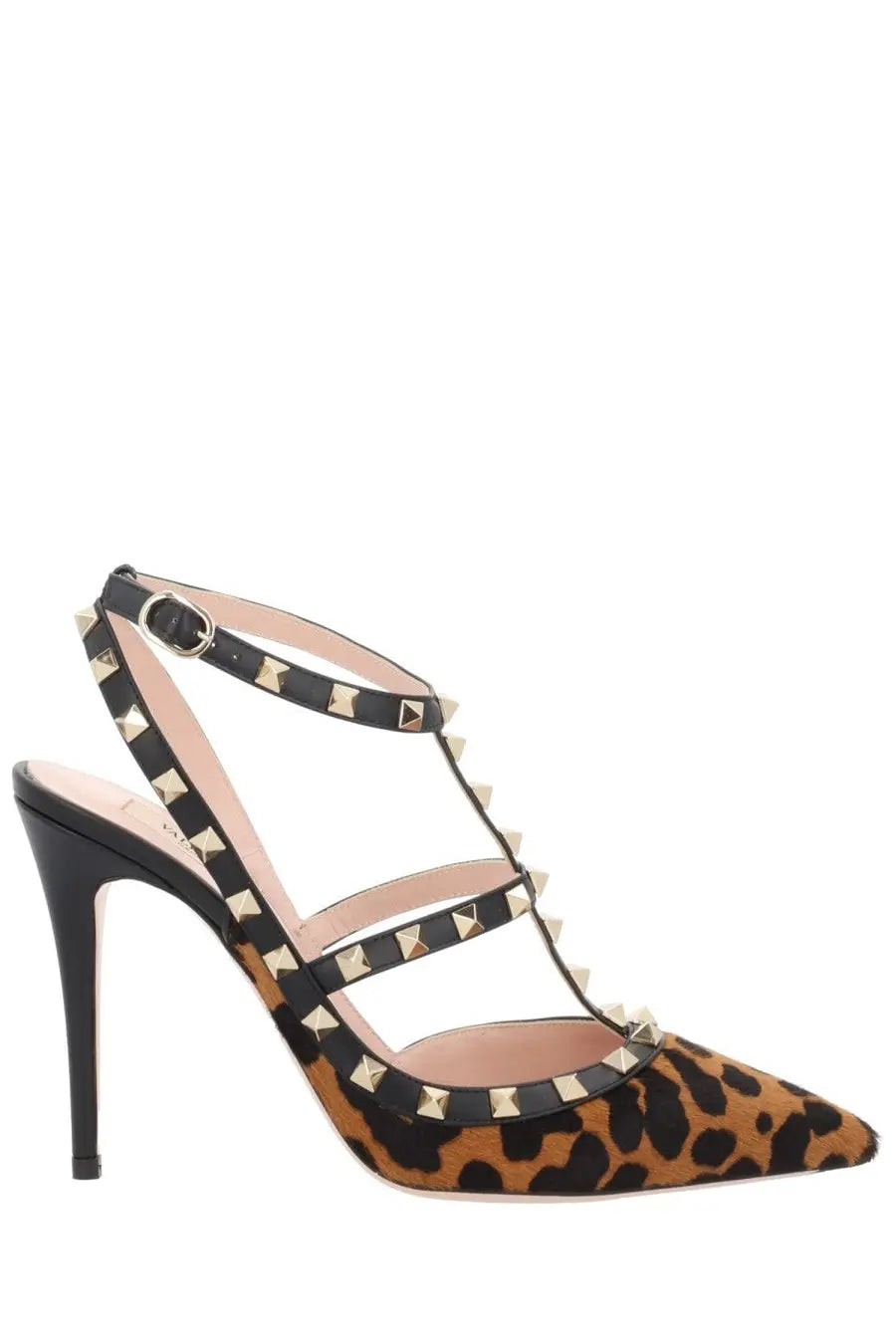 Valentino women’s rockstud pumps brown black and tan leopard print with gold-tone pyramid studs on straps