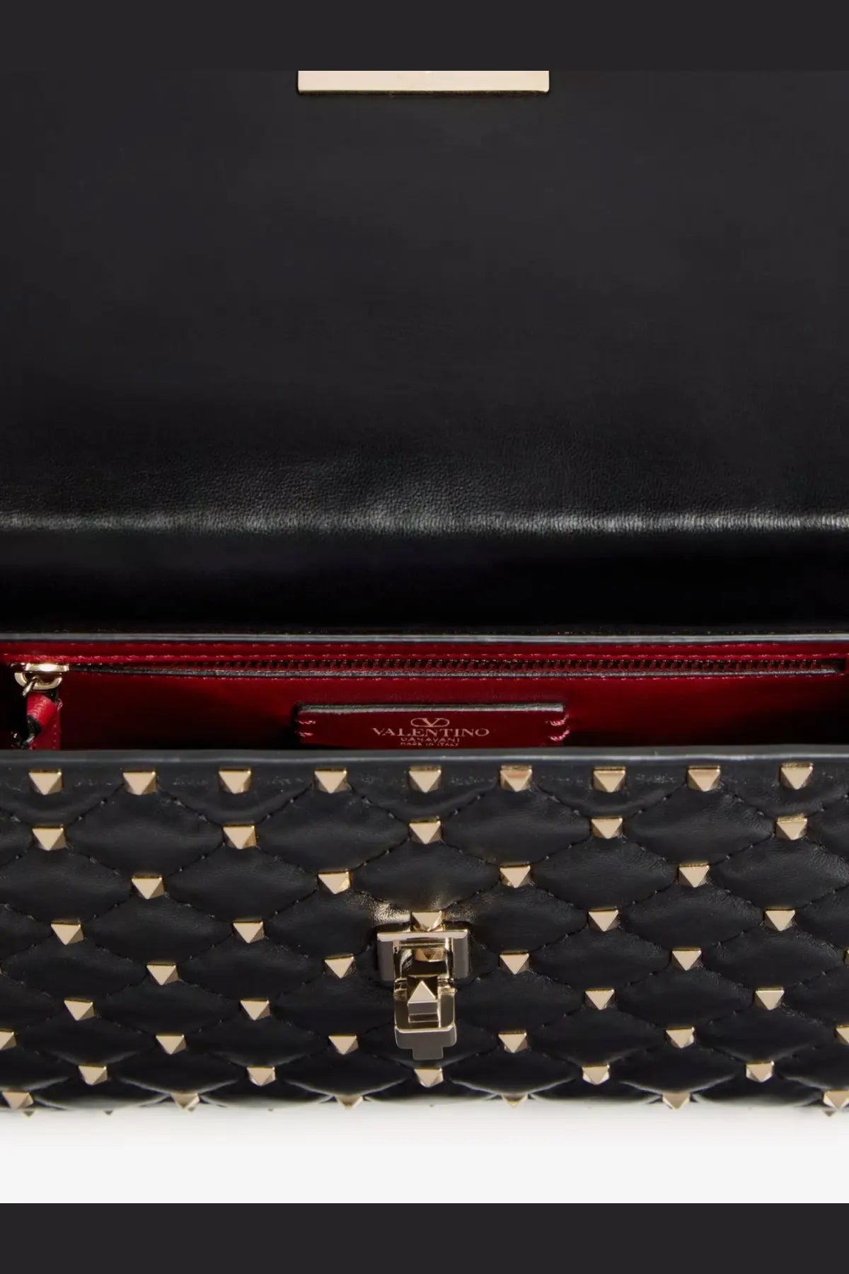 Valentino women’s rockstud spike black leather crossbody bag with gold-tone studs and quilted pattern