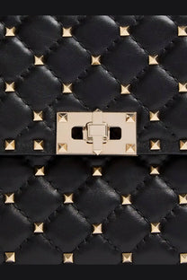 Valentino women’s rockstud spike black quilted leather crossbody bag with gold-tone studs and rectangular clasp