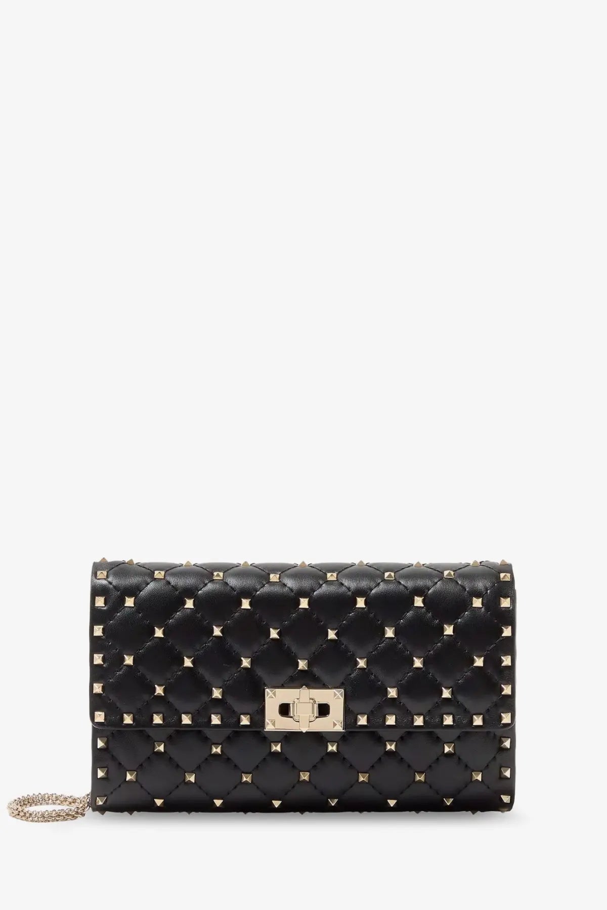 Valentino women’s black quilted leather crossbody bag with gold-tone rockstud spike studs and metallic clasp