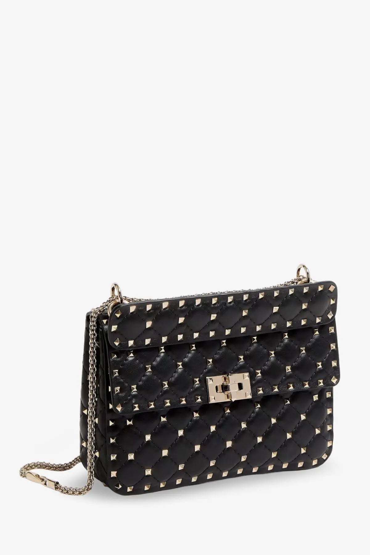 Valentino women’s black quilted leather crossbody bag with silver-tone studs and chain strap