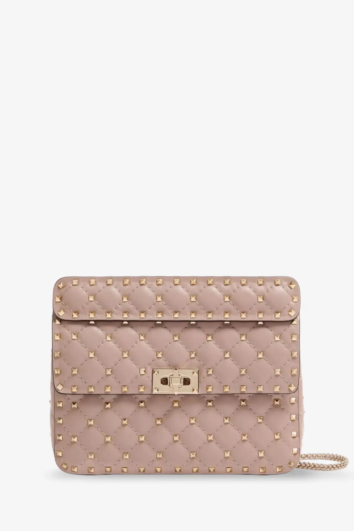Valentino womens blush pink quilted leather crossbody bag with gold-tone rockstud spike studs and chain strap