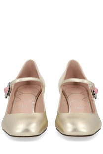 Valentino women’s gold metallic mary jane flats with pink gemstone accents on the strap