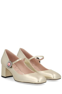 Valentino women’s gold mary jane pumps in metallic patent leather with pink and silver floral strap embellishment
