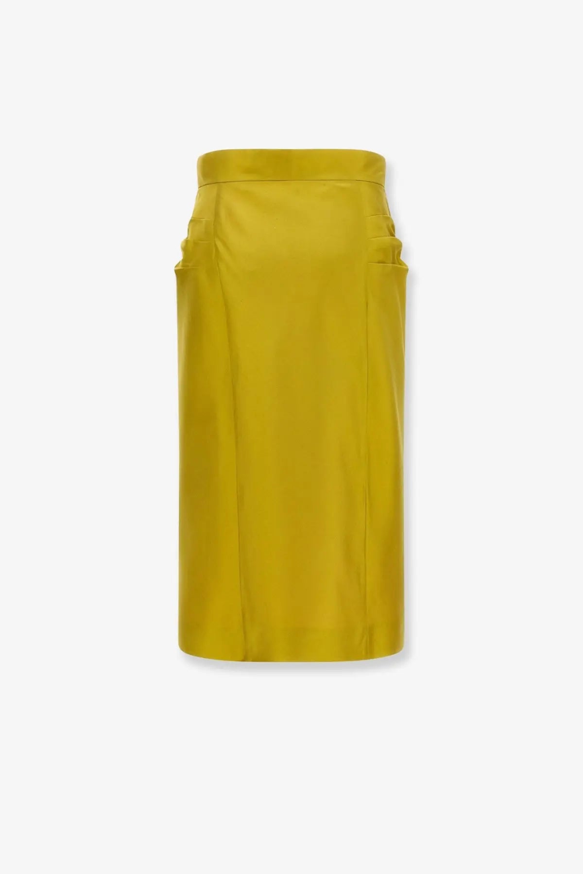 Valentino women’s shantung midi skirt in mustard yellow with a smooth satin finish and subtle side pockets