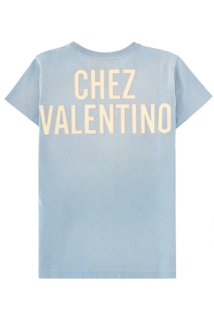 Light blue cotton valentino women’s shirt showing back with cream colored chez valentino print in block letters