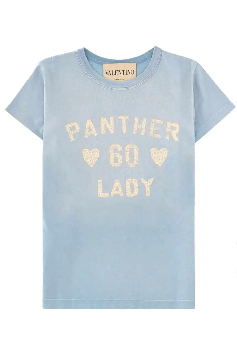 Light blue Valentino women’s cotton shirt with panther 60 lady cream glitter print and heart symbols