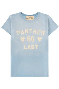 Light blue Valentino women’s cotton shirt with panther 60 lady cream glitter print and heart symbols