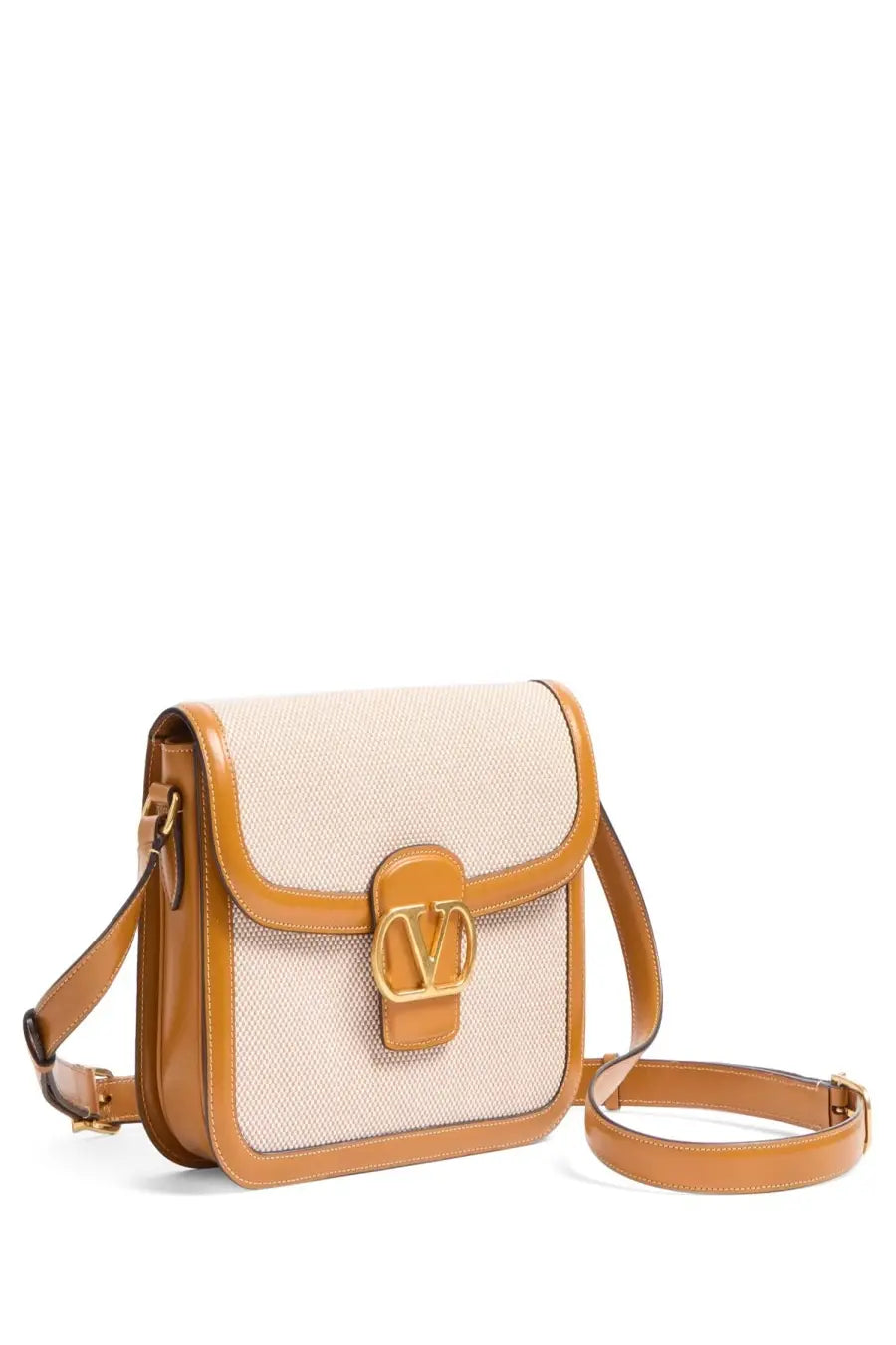 Valentino women’s beige leather crossbody shoulder bag with tan accents and gold-tone Vlogo clasp