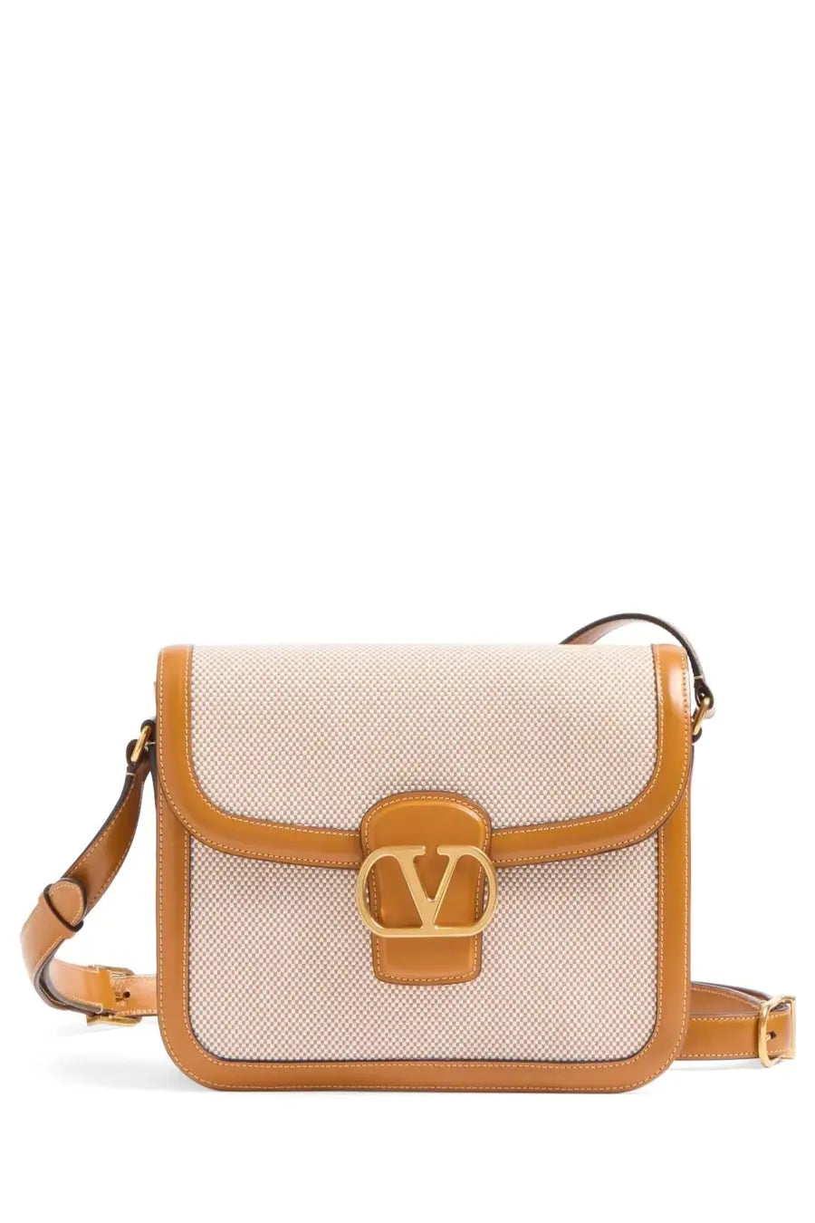 Valentino women’s shoulder bag beige woven canvas crossbody with tan leather trim and gold tone vlogo clasp