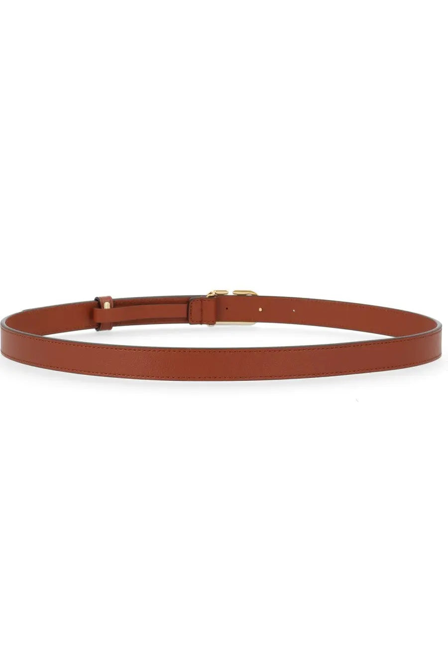 Valentino women’s signature belt brown with sleek tan leather, minimalist gold-tone buckle, and precise stitching