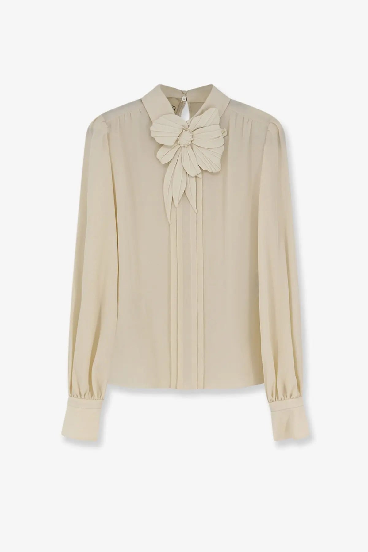 Valentino women’s beige silk blouse with prominent floral embellishment at the neckline