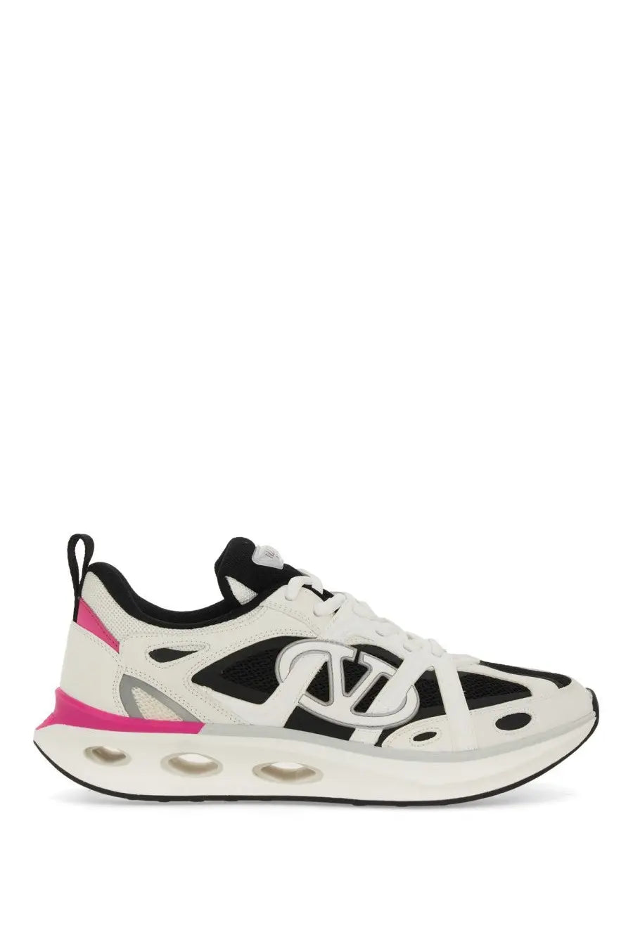 Valentino women’s white and black athletic sneaker with pink accents and bold vlogo logo on the side