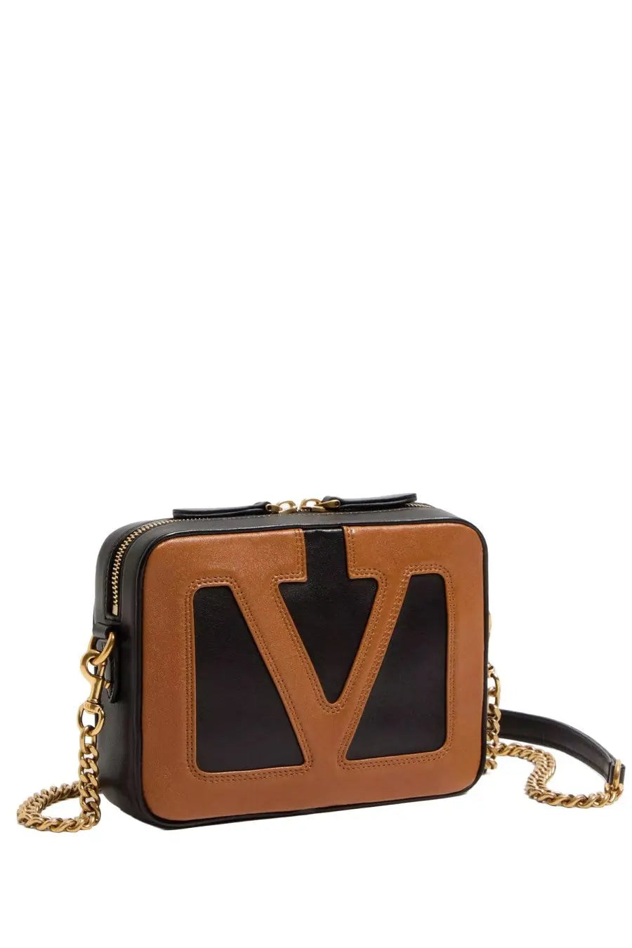 Brown and black leather camera bag with gold-tone chain strap for women by valentino viva superstar collection