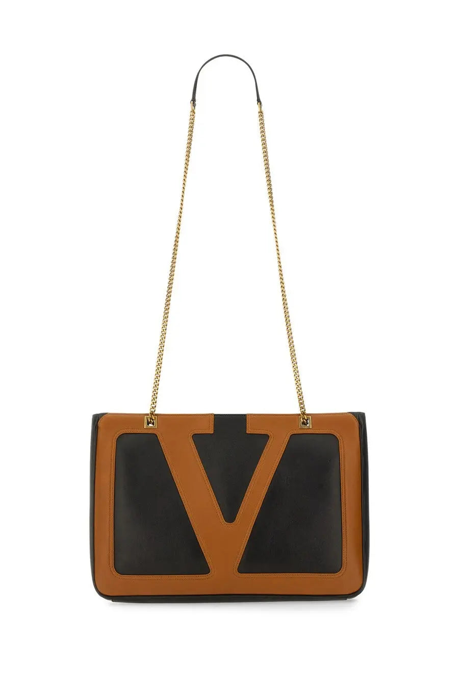 Valentino women’s viva superstar medium shopping bag in black tan and black leather with gold-tone chain strap
