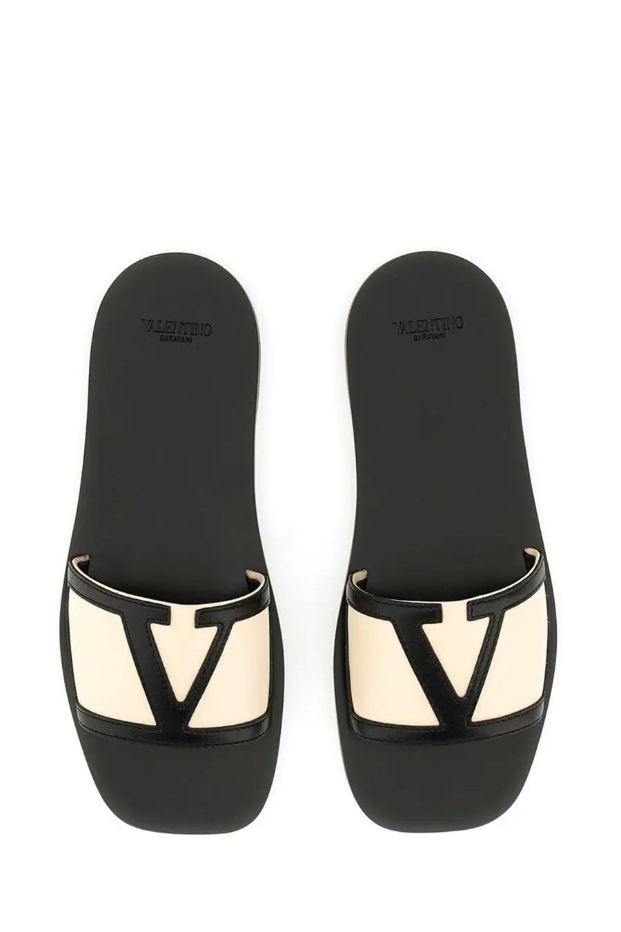 Valentino women’s viva superstar slide sandal multicolor with black and cream leather and bold v-logo strap