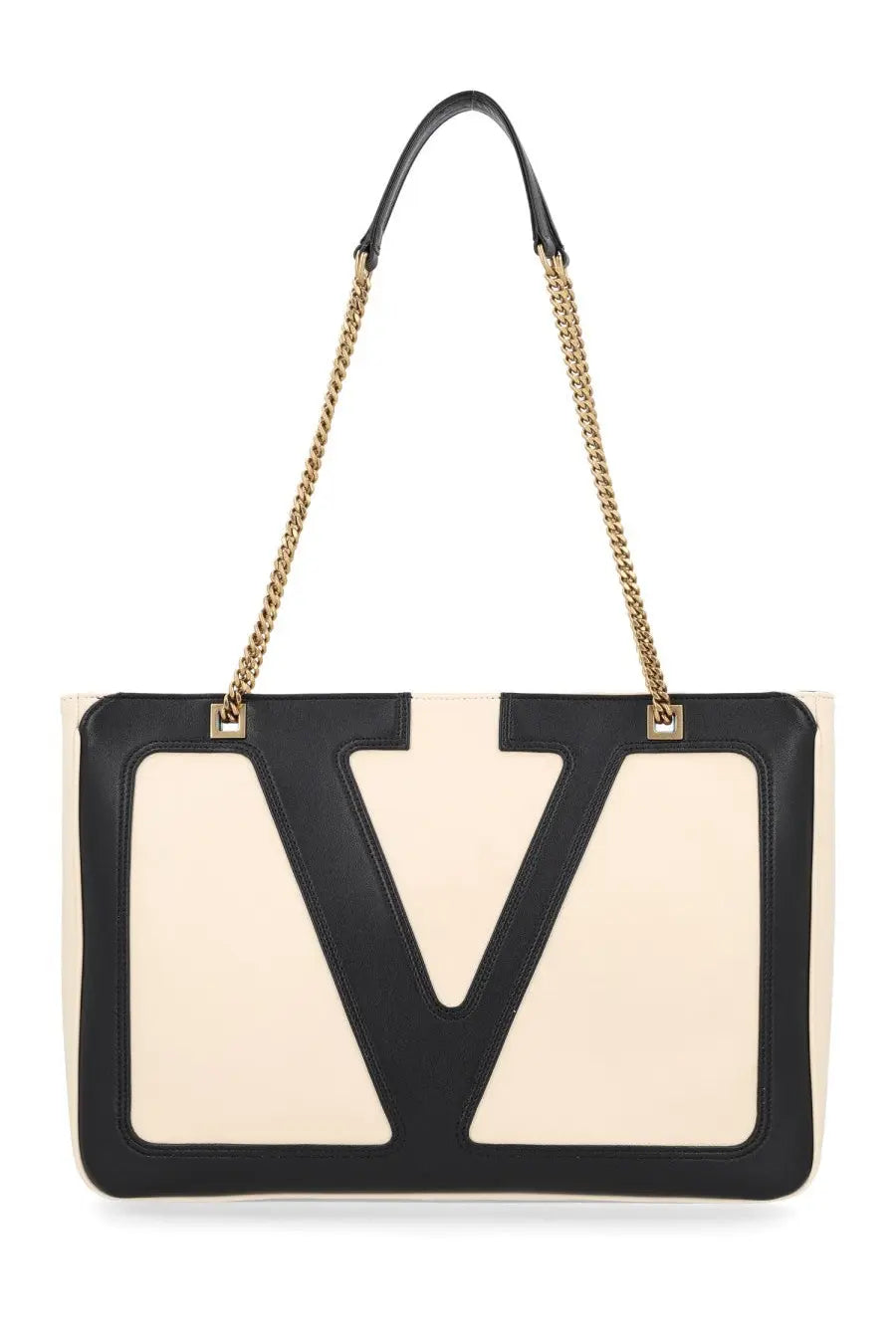 Valentino women’s viva superstar tote bag in cream and black leather with bold oversized v logo design