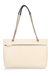 Cream-colored leather Valentino women’s viva superstar tote bag with black and gold chain straps