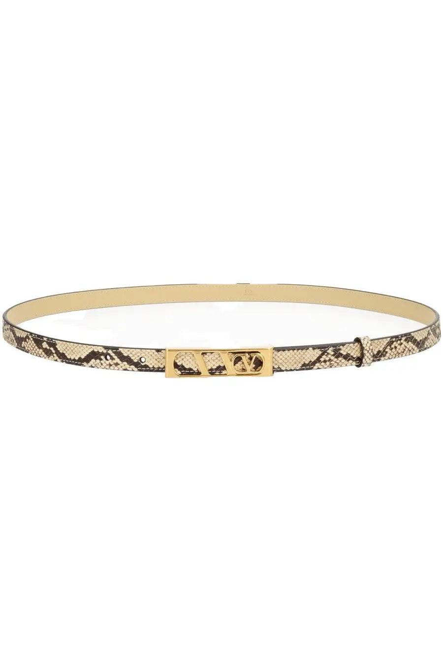 Valentino women’s vlogo signature belt in beige and black snake print with gold-tone rectangular vltn buckle