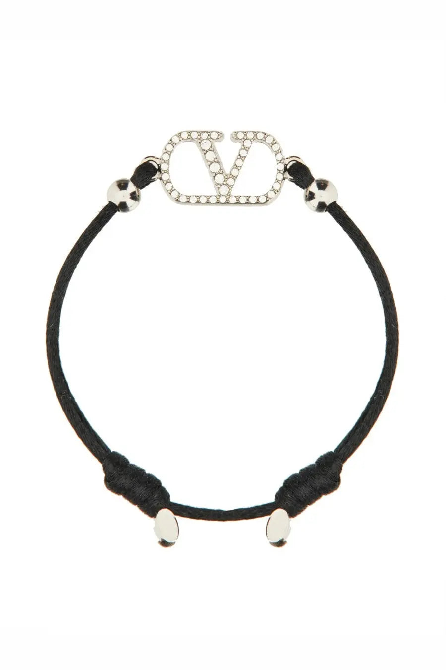 Valentino women’s black cord bracelet with silver vlogo charm encrusted with clear crystals and metallic sphere accents