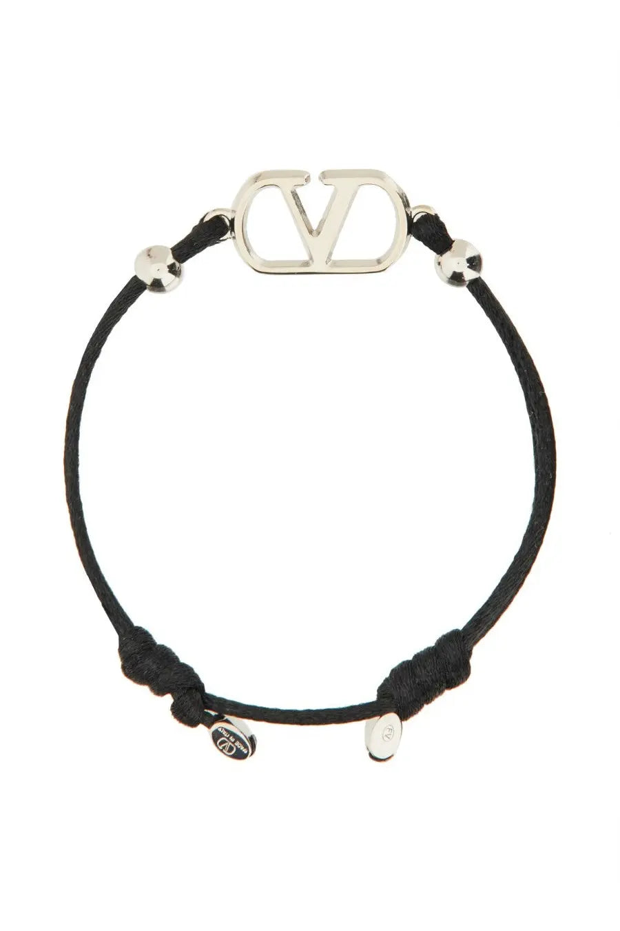Valentino women’s black cord bracelet with silver-toned vlogo charm and small metallic beads