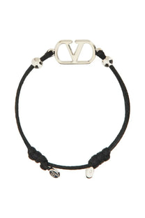 Valentino women’s black cord bracelet with silver-toned vlogo charm and small metallic beads