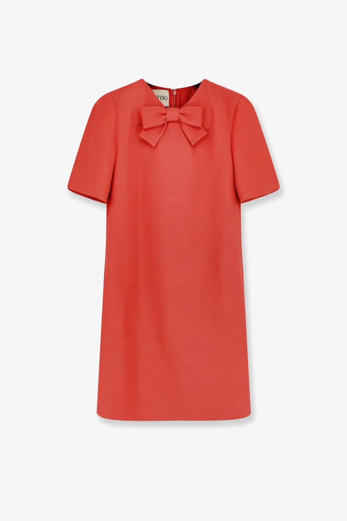 Valentino women’s coral wool and silk blend short dress with short sleeves and a bow at the neckline