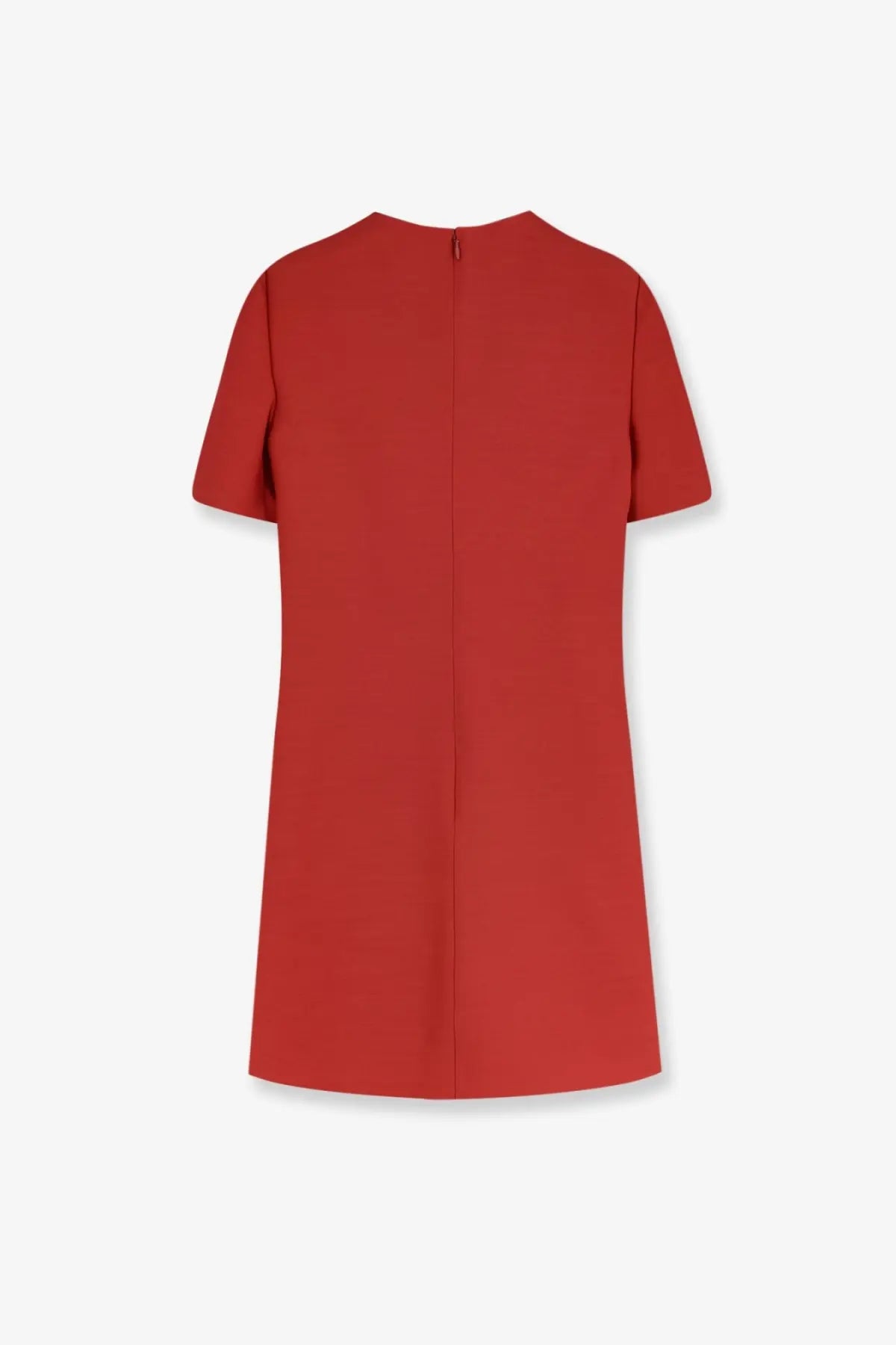 Back view of valentino womens wool and silk blend short red dress with straight cut and central zipper