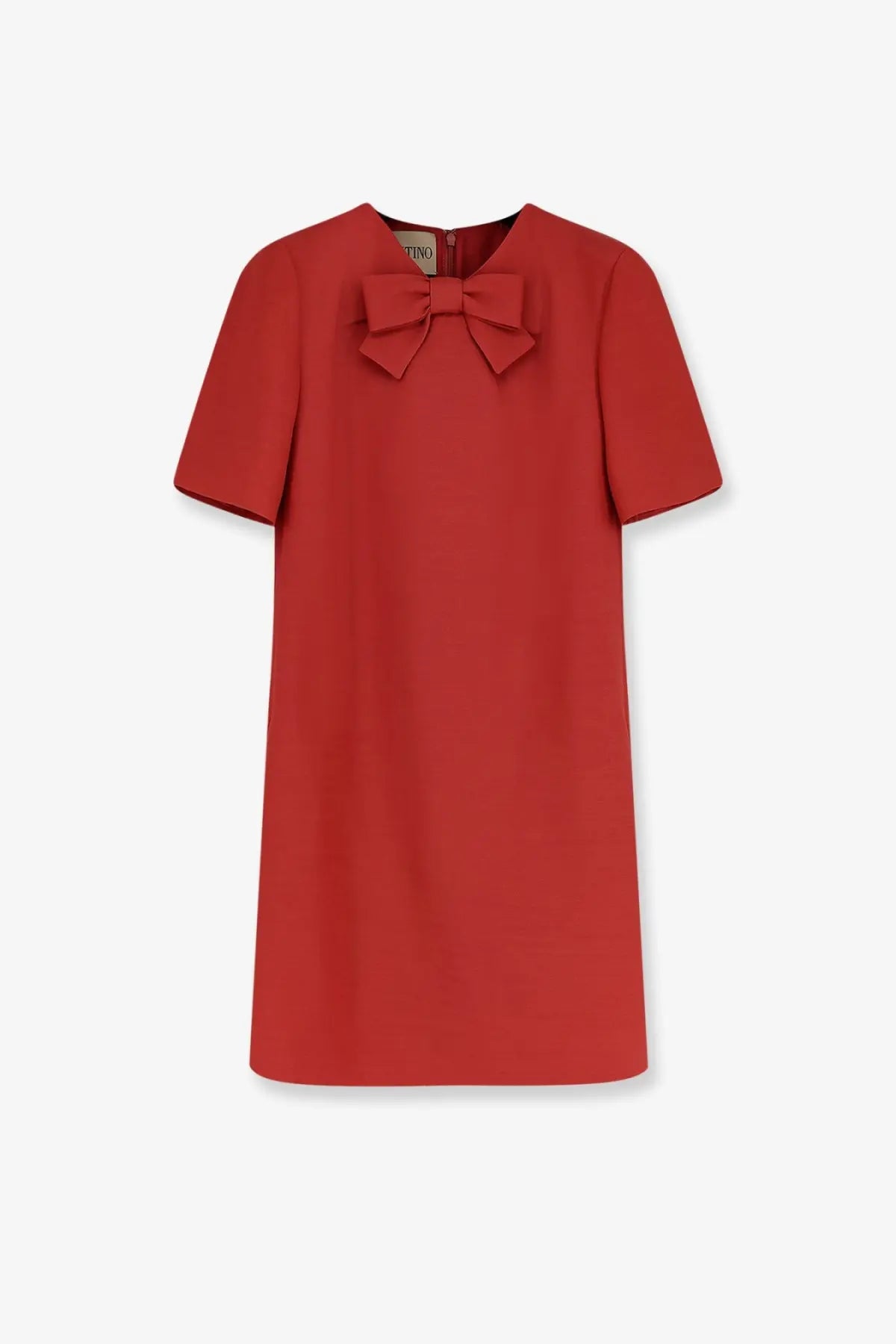 A vibrant red Valentino women’s short dress in wool and silk blend with a structured bodice and bow neckline