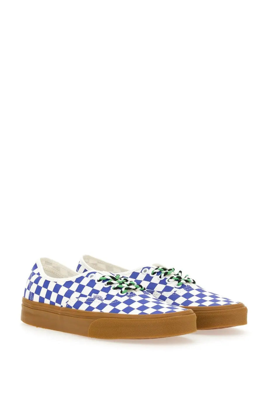 Vans men’s authentic sneaker white with blue and white checkerboard pattern, green laces, and gum rubber sole