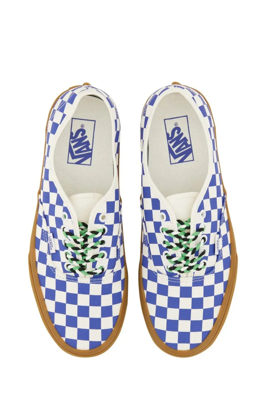 Vans men’s authentic sneaker white featuring blue and white checkerboard pattern with green and black laces